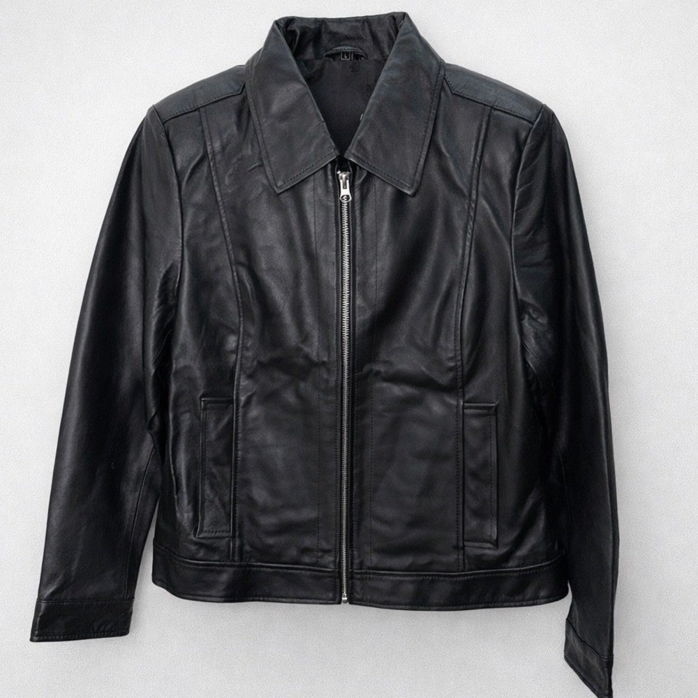Decrum Women Leather Jacket L Black Zip Up Collared Moto Minimalist Edgy Classic